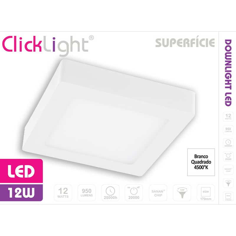 CLICKLIGHT - Downlight Superfície Branco Quadrado 12W 4000K