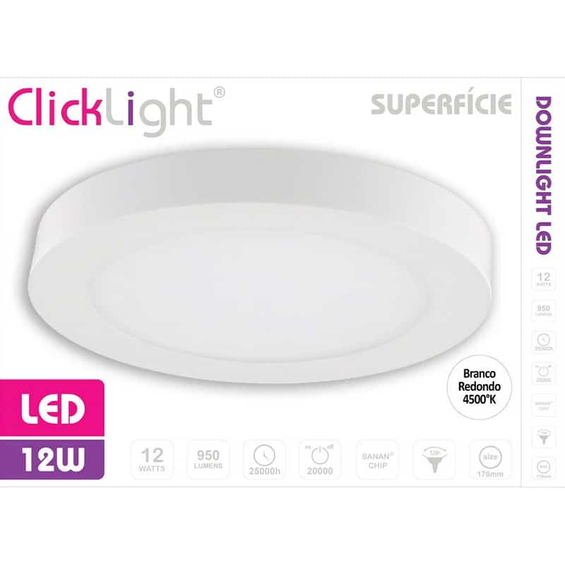 CLICKLIGHT - Downligh Superfície Branco Redondo 12W 4000K