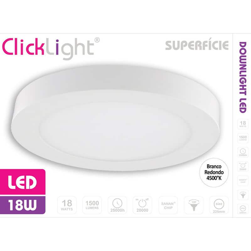 CLICKLIGHT - Downlight Superfície Branco Redondo 18W 4000K
