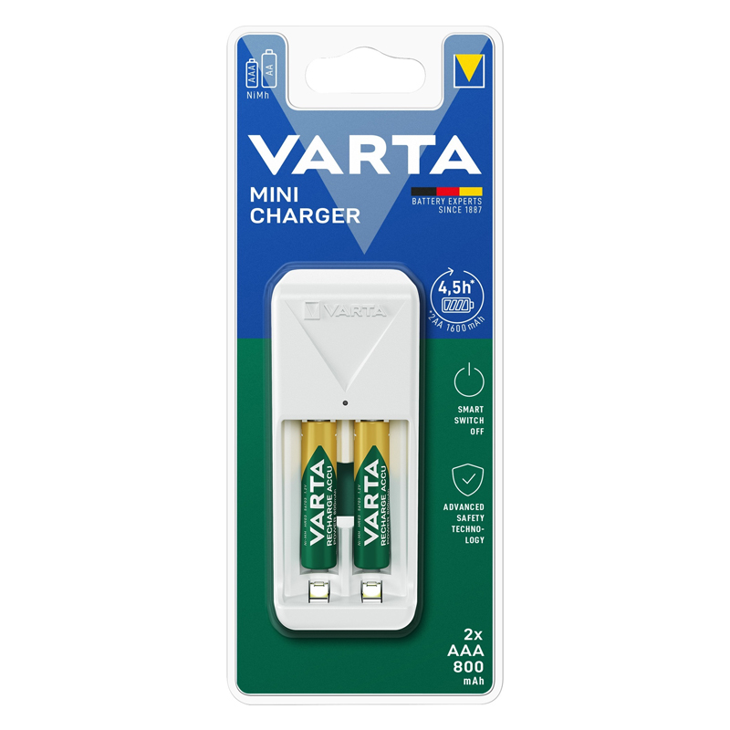 VARTA - Mini Carregador + 2 Pilhas AAA 800mAh